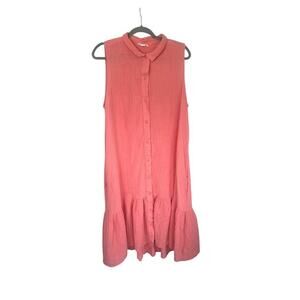 Beach Lunch Lounge Midi Dress XL Salmon Pink Gauze Cotton Tiered Button Collar
